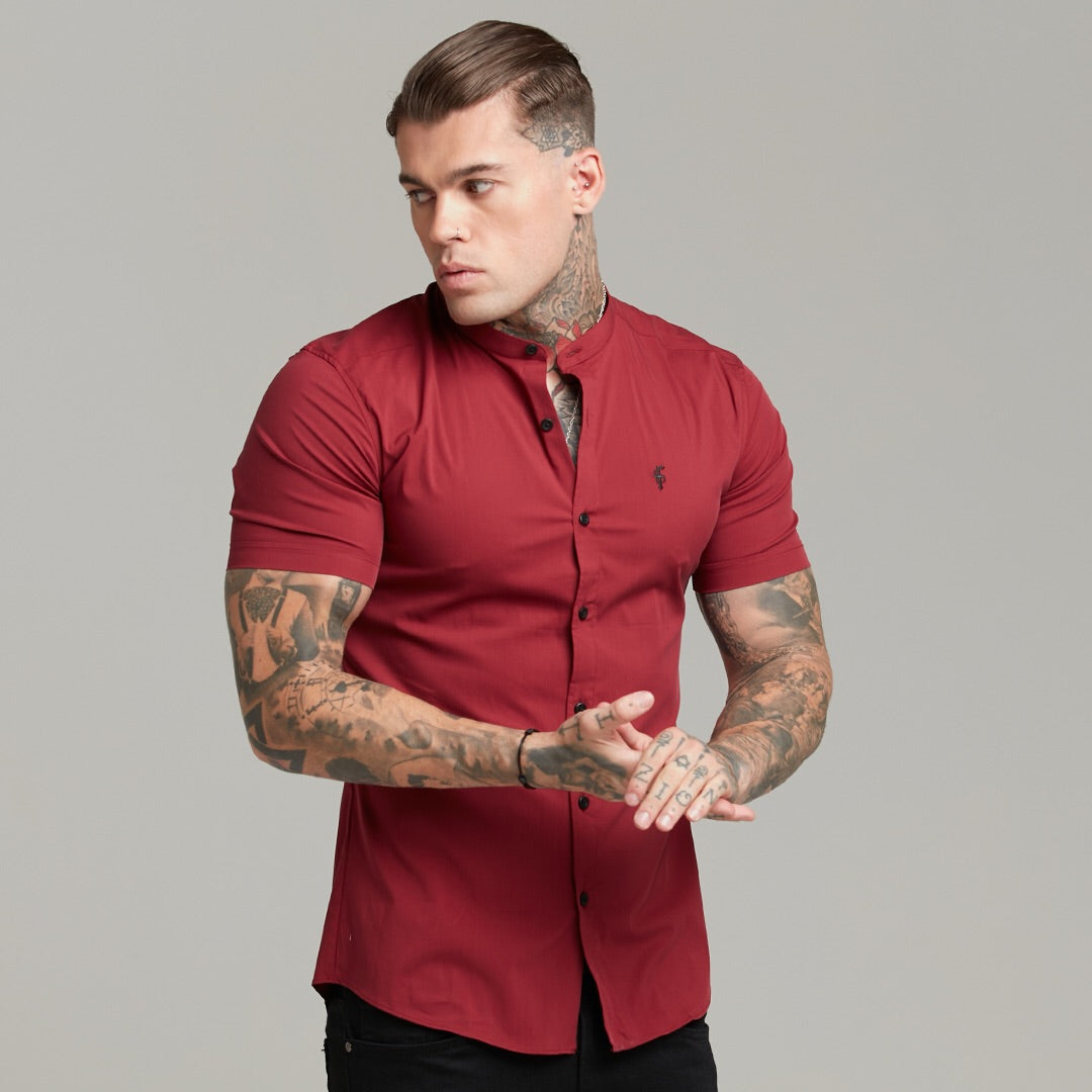 Super Slim Stretch Classic Oxblood Grandad Collar Short Sleeve - FS292