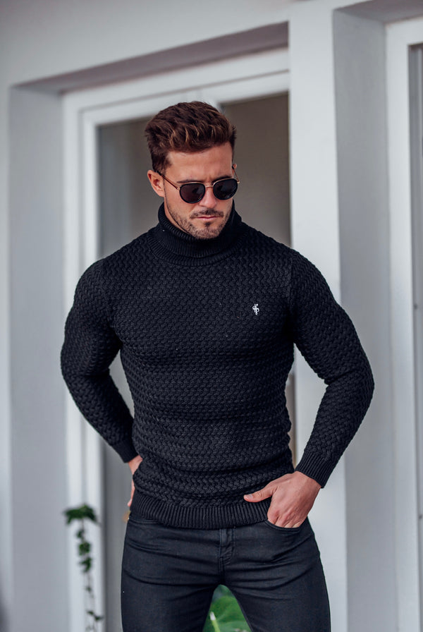 Father Sons Black Knitted Roll Neck Weave Super Slim Sweater With Metal Decal - FSJ024