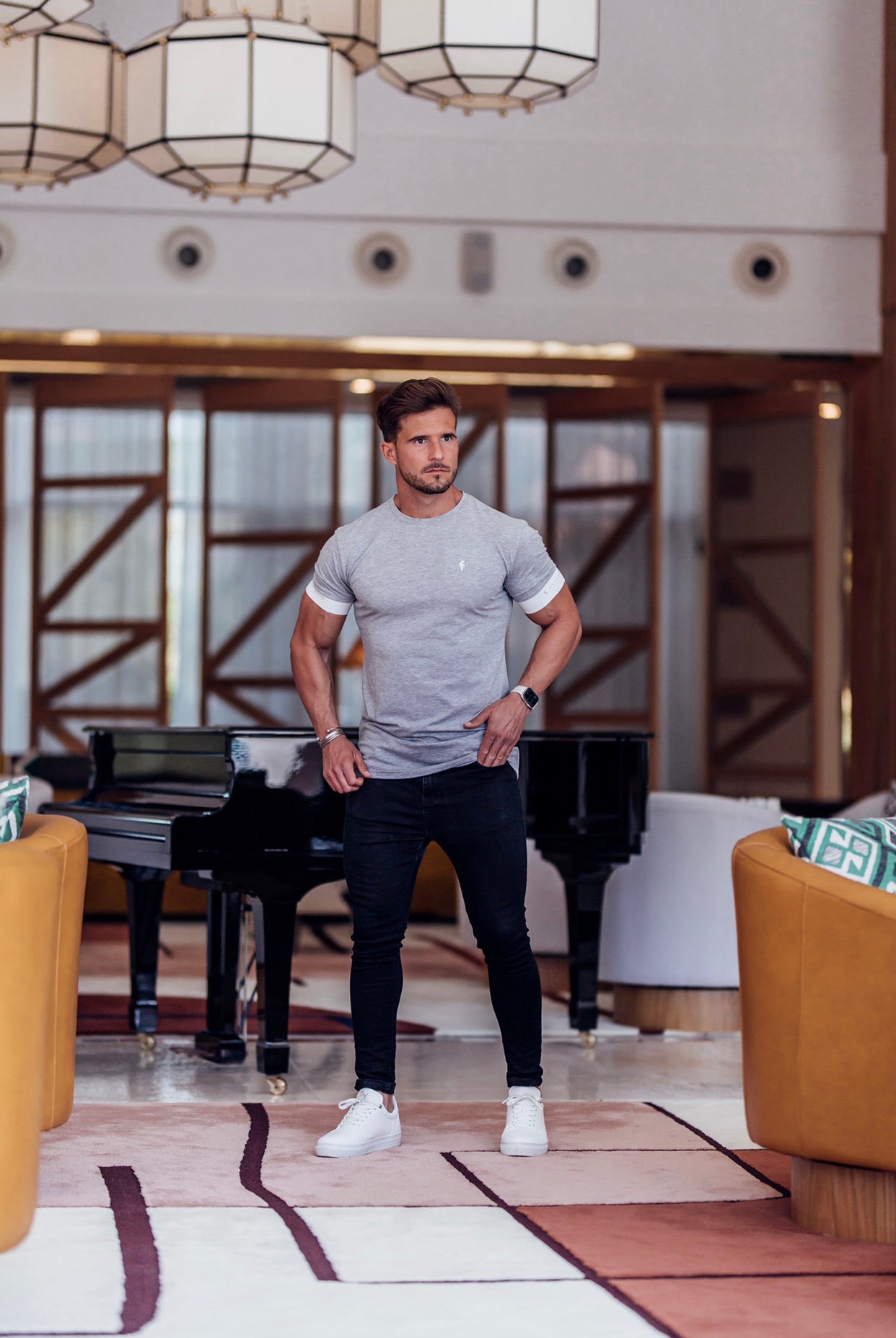 Classic Light Grey Crew T Shirt with FS Elastic Sleeve Branding - FSH624