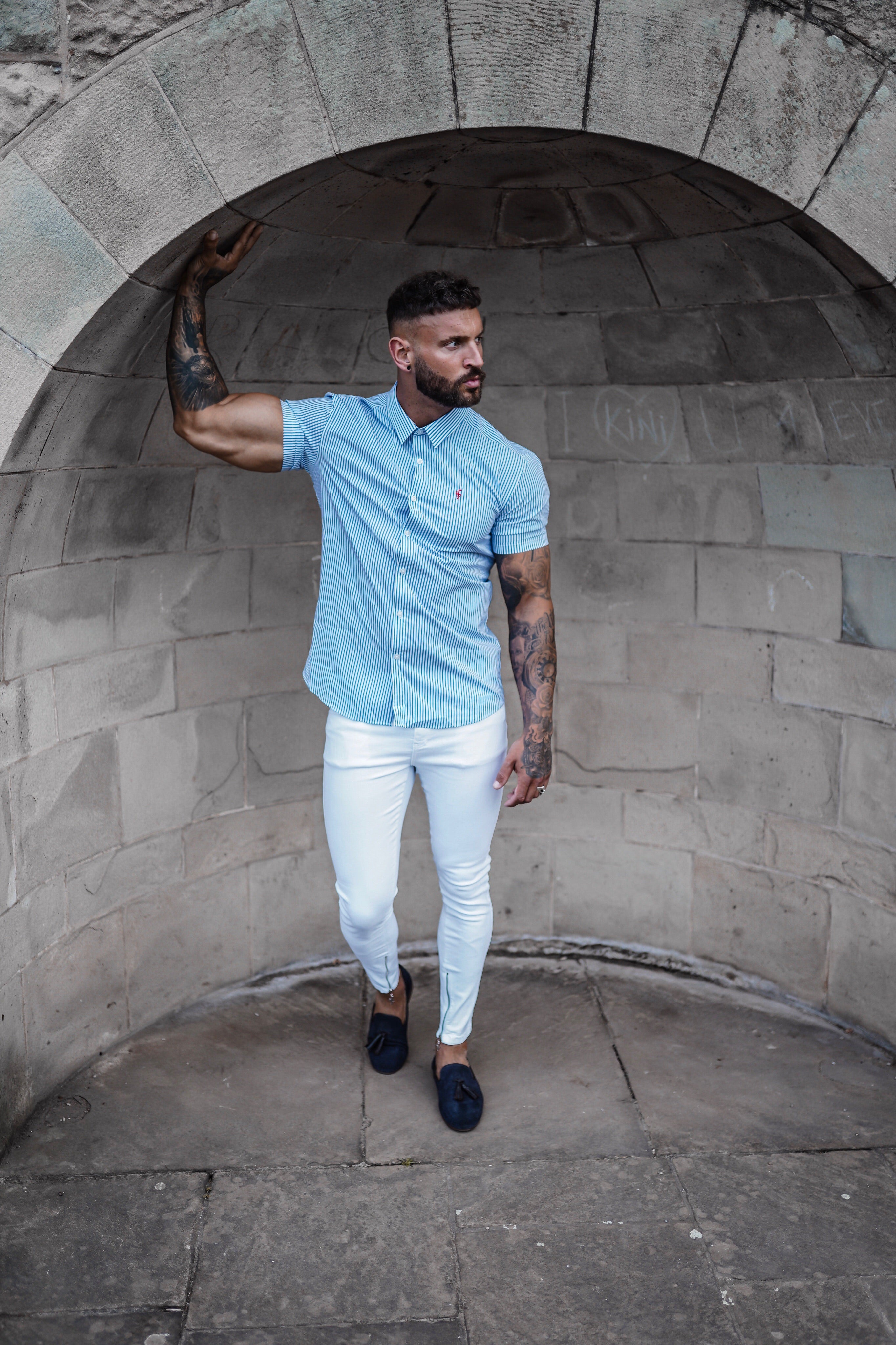 Super Slim Stretch Navy & White Stripe Short Sleeve Regular  Stretch(Red Emblem) - FS573