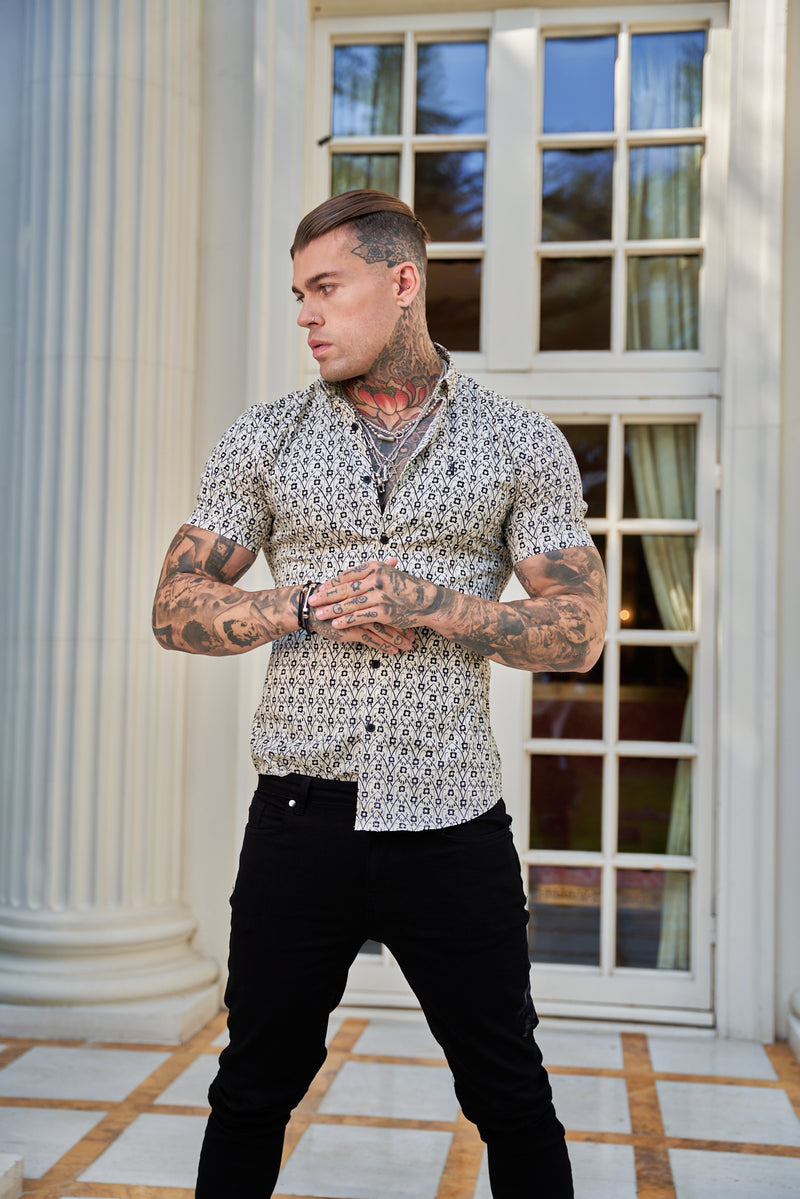 Father Sons Super Slim Stretch Ecru / Black Geo Flower Print Short Sleeve with Button Down Collar - FS788