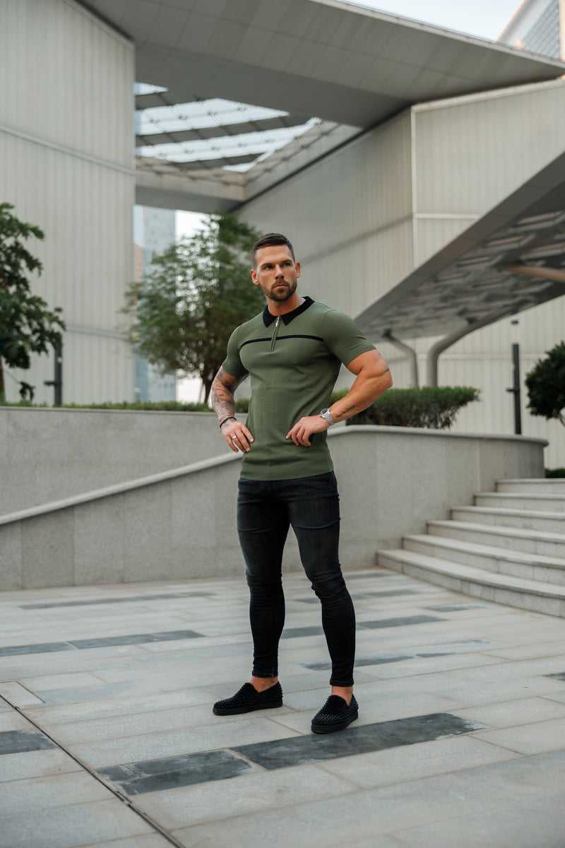 Father Sons Classic Khaki / Black Horizontal Stripe Zipped Polo Short Sleeve - FSN042