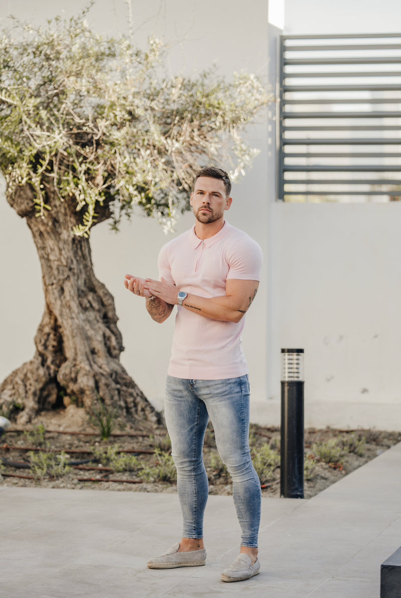 Father Sons Classic Pale Pink Merino Wool Knitted Zip Polo Short Sleeve Sweater With FS Embroidery- FSN029