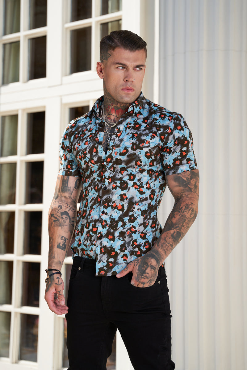 Father Sons Super Slim Stretch Multi Colour Abstract Leopard Print Short Sleeve with Button Down Collar - FS790