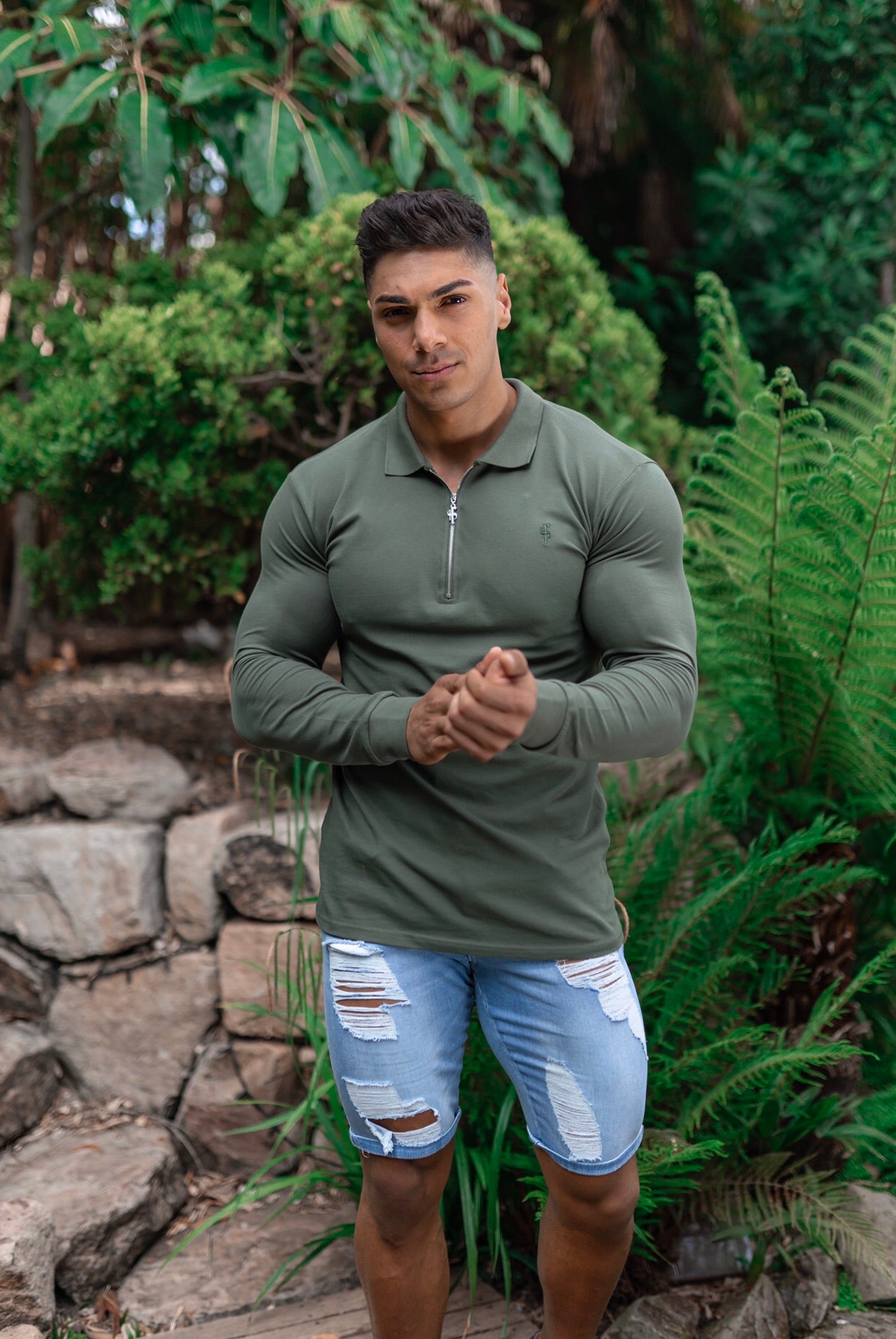 Classic Khaki Zipped Polo Long Sleeve Shirt - FSH023