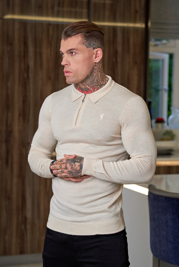Father Sons Classic Beige Merino Wool Knitted Zip Polo Long Sleeve Sweater With FS Embroidery- FSN008