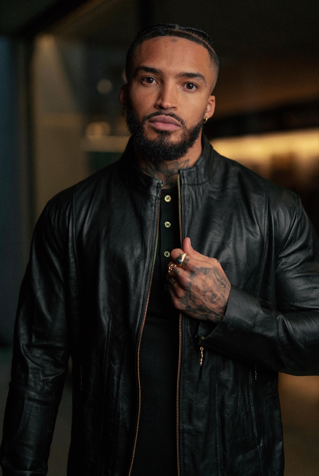 Black Lambs Leather Jacket With Gold Zips - FSH610