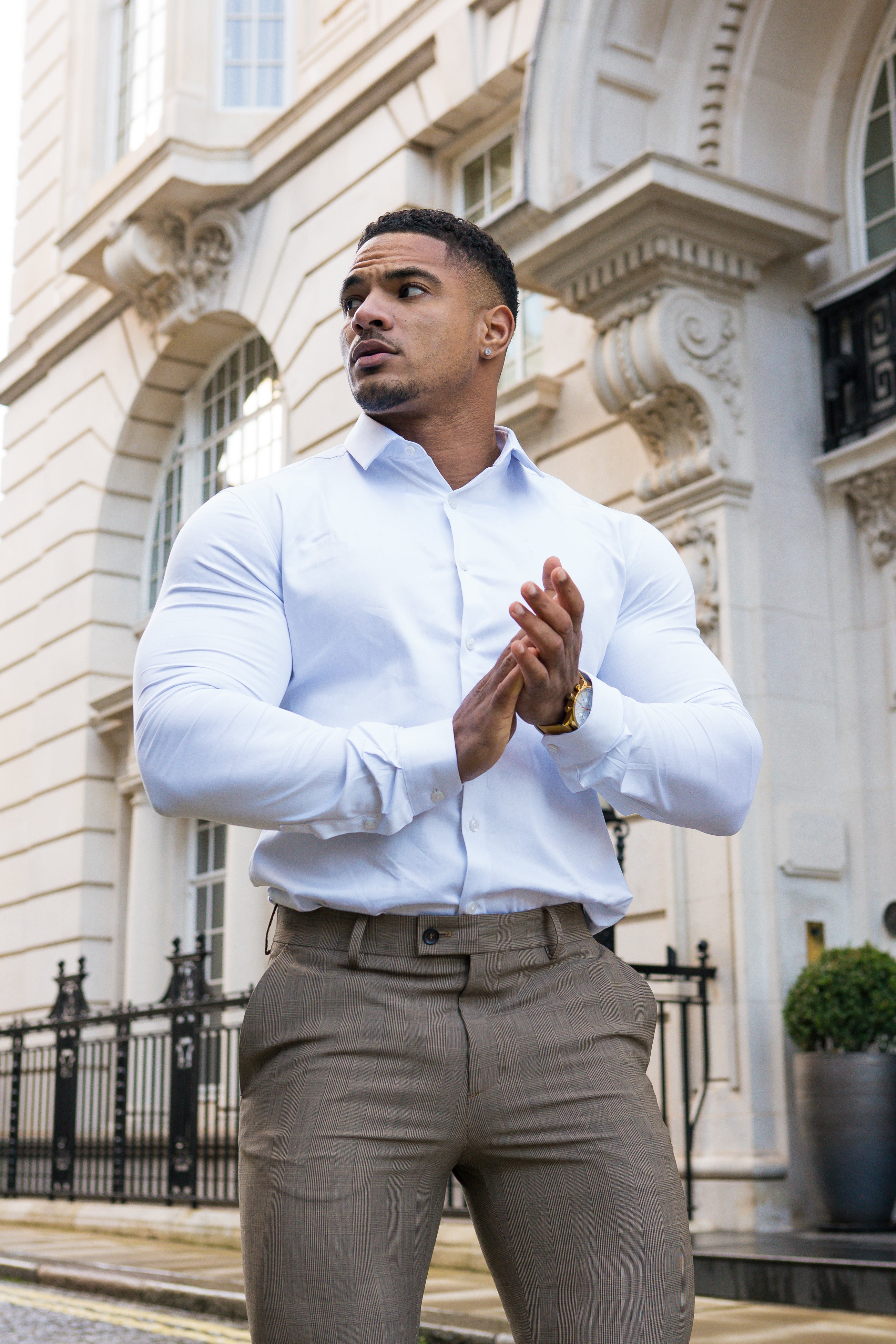 Slim Formal Beige & Black Check Stretch Trousers - FST002 (LAST CHANCE)