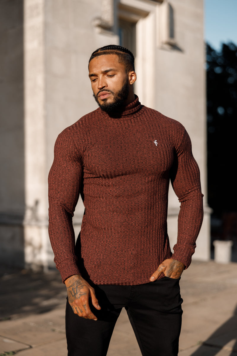 Father Sons Classic Burgundy Ribbed Knit Roll neck Sweater - FSH775