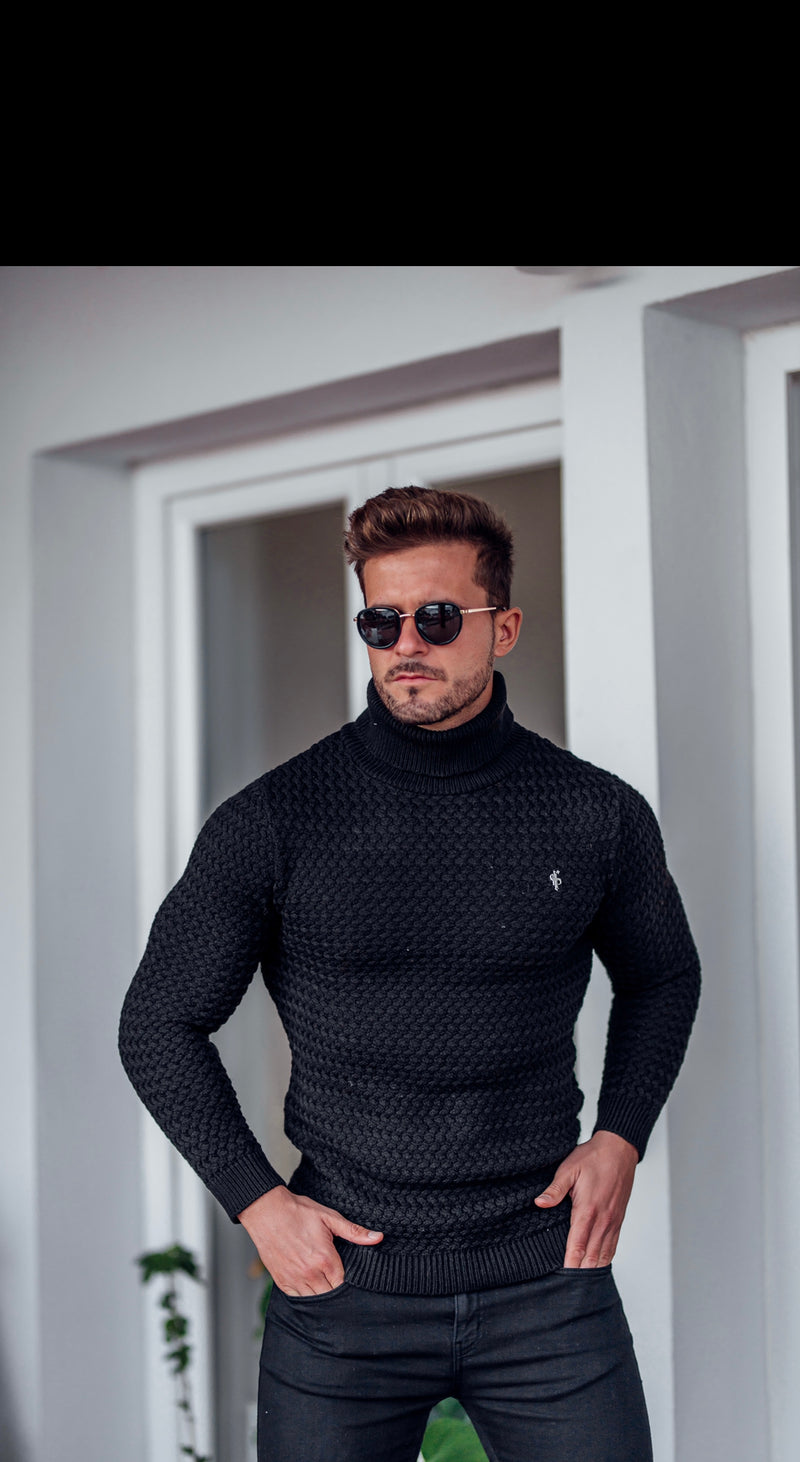 Father Sons Black Knitted Roll Neck Weave Super Slim Sweater With Metal Decal - FSJ024