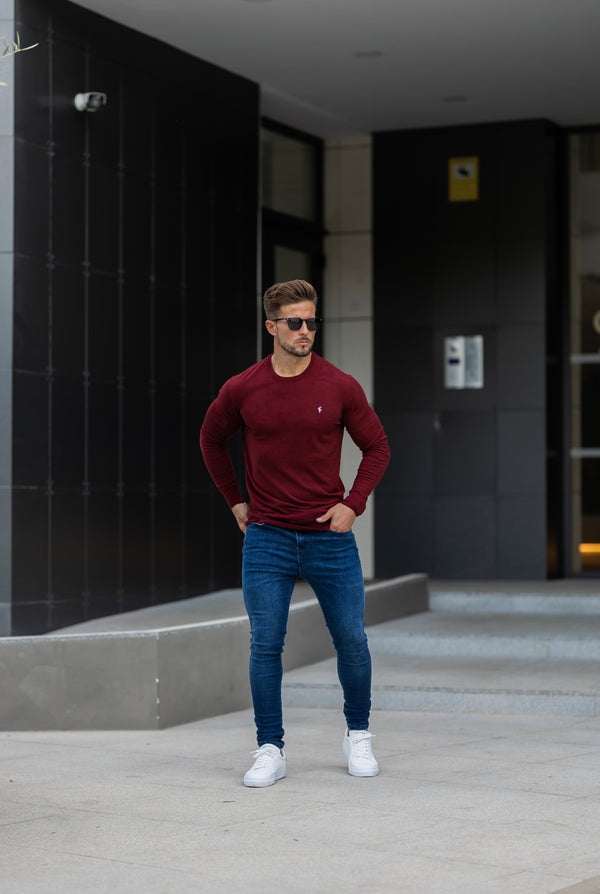 Father Sons Classic Burgundy Light Weight Knitted Crew Neck Sweater with Metal Decal - FSN097