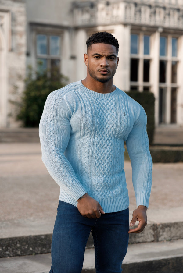 Father Sons Sky Blue Knitted Cable Saddle Crew Super Slim Sweater With Metal Decal - FSN081