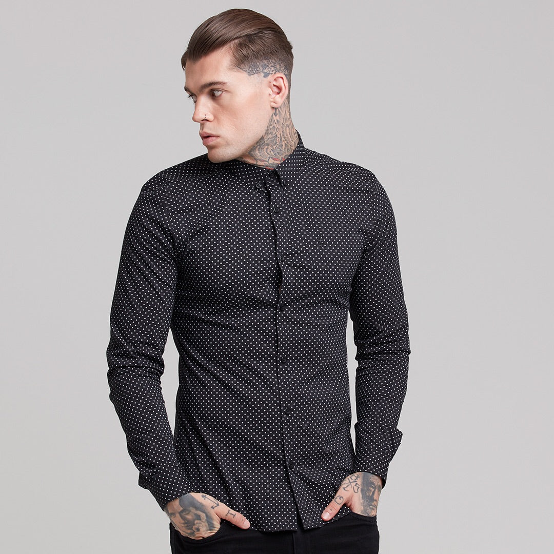Super Slim Stretch Black & White Ditsy Print Long Sleeve FS414