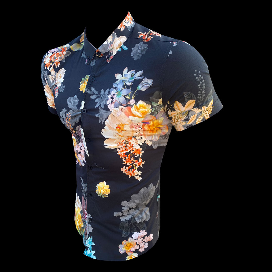 Super Slim Stretch Black Mixed Lily Floral Print Short Sleeve with Button Down Collar - FS855