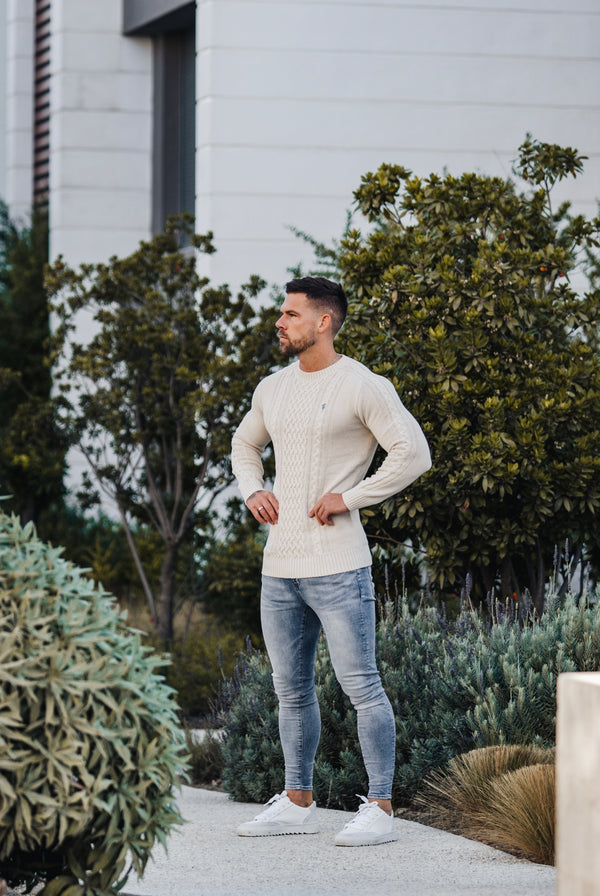 Father Sons Oatmeal Knitted Cable Saddle Crew Super Slim Sweater With Metal Decal - FSN076