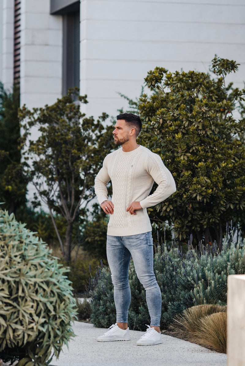 Father Sons Oatmeal Knitted Cable Saddle Crew Super Slim Sweater With Metal Decal - FSN076