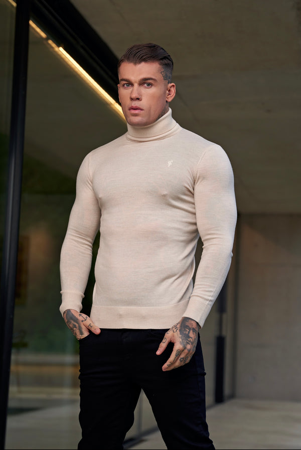 Father Sons Classic Beige Roll Neck Merino Wool Knitted Sweater With FS Embroidery - FSN012