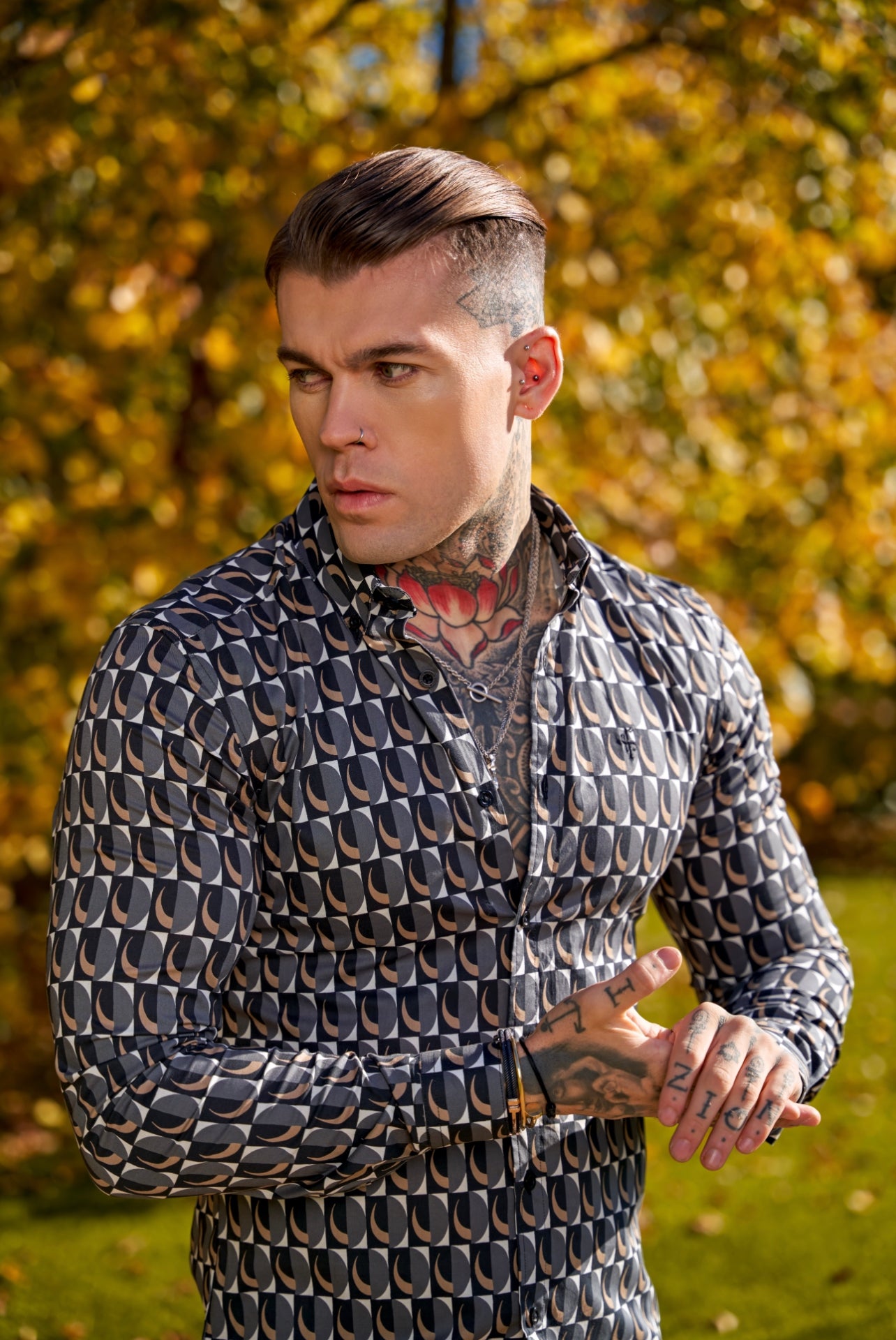 Super Slim Stretch Black Multi Retro Print Long Sleeve with Button Down Collar - FS910