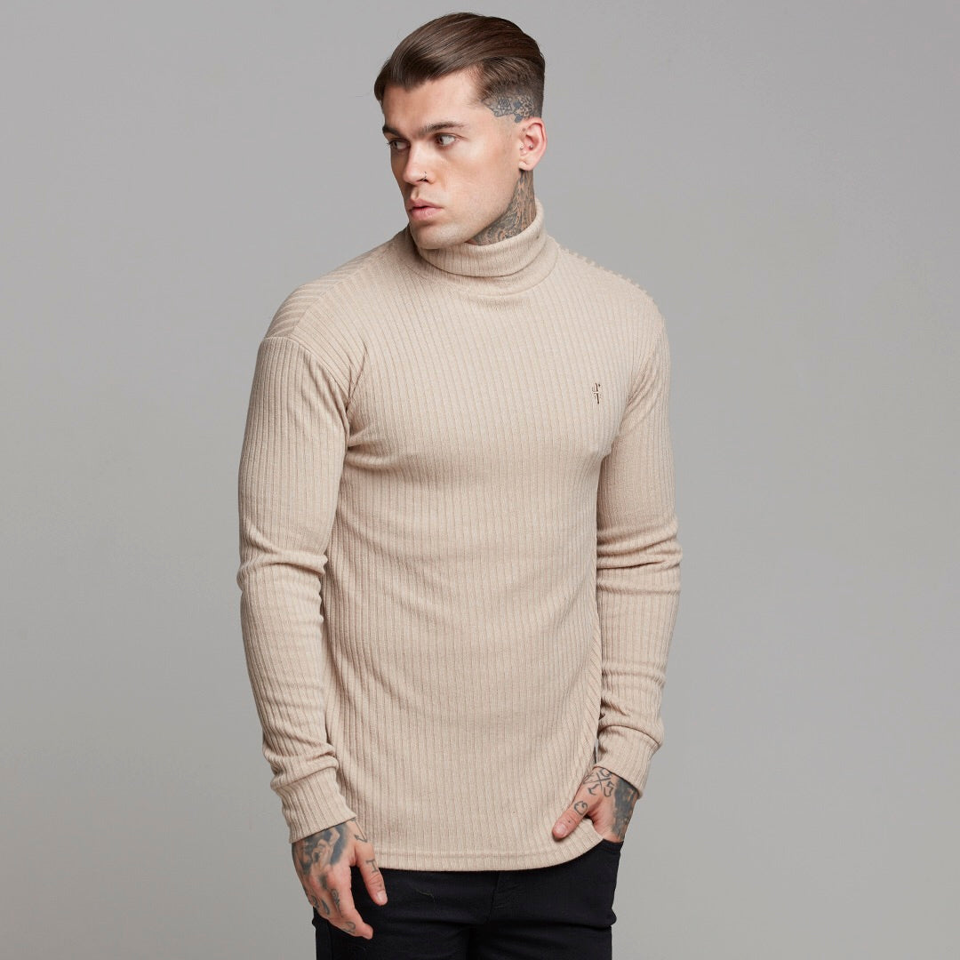 Father Sons Classic Beige Ribbed Knit Roll-neck Sweater - FSH292