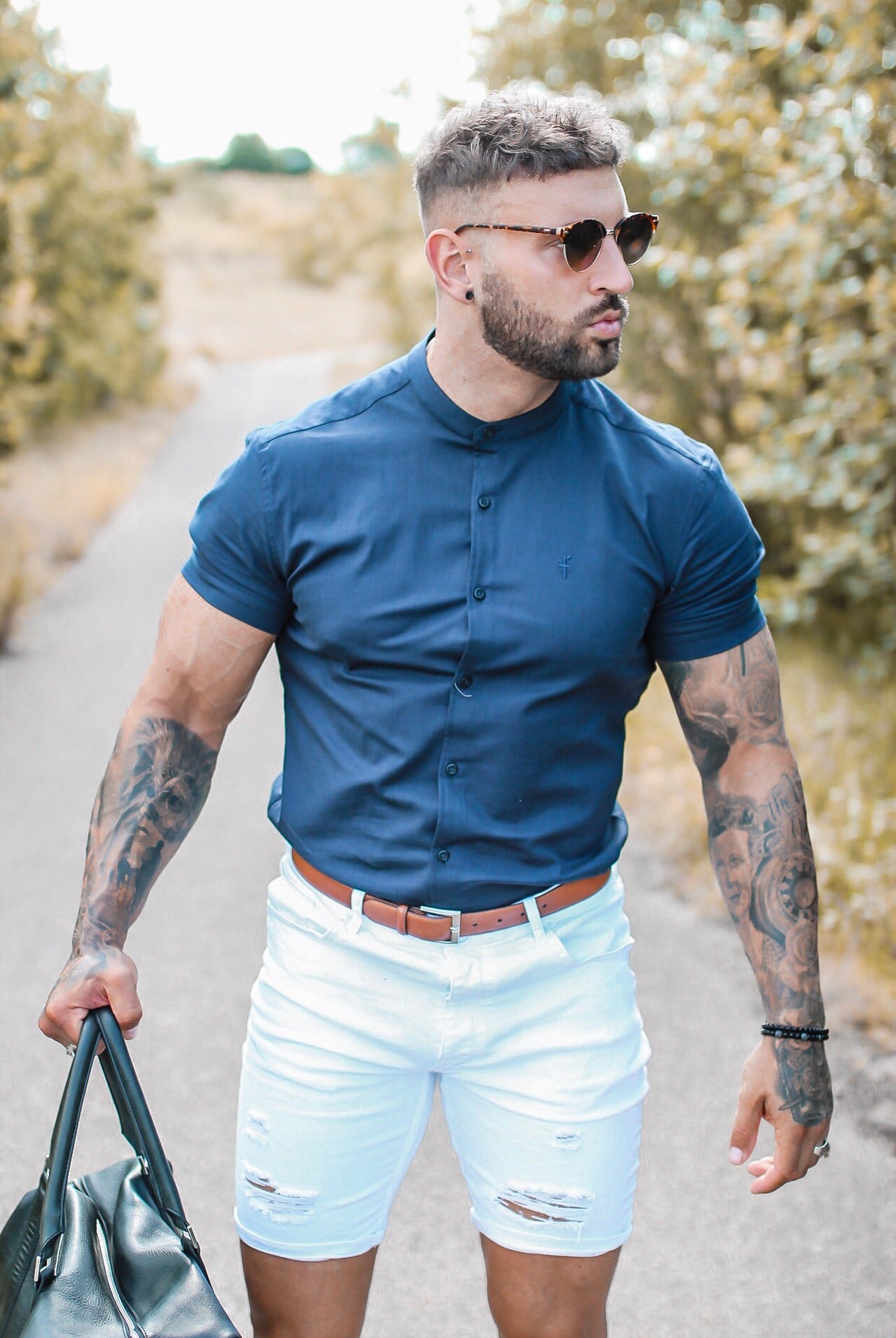 Super Slim Stretch Grandad Collar Short Sleeve Classic Navy Oxford - FS584