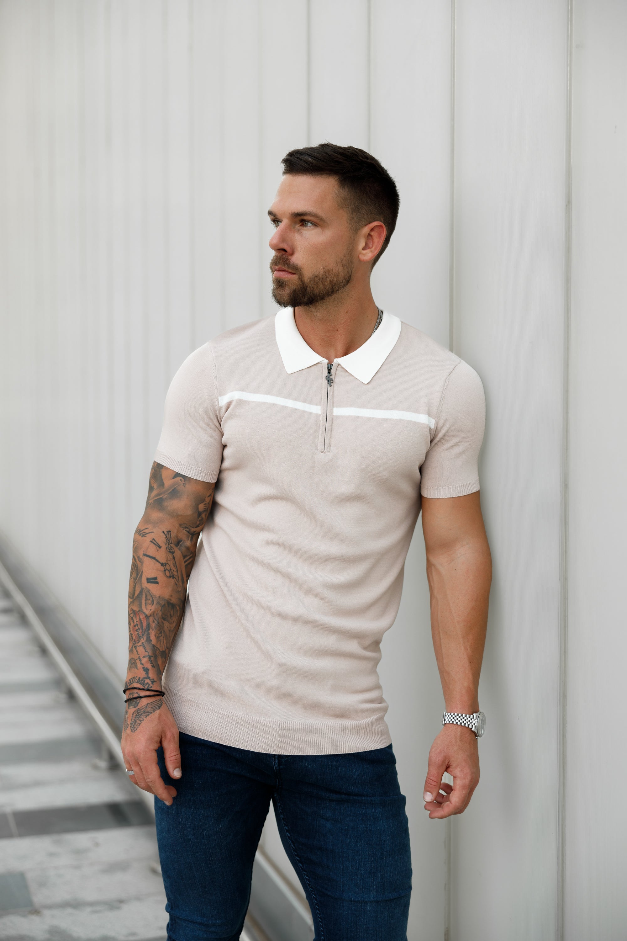Classic Beige / White Horizontal Stripe Zipped Polo Short Sleeve - FSN041
