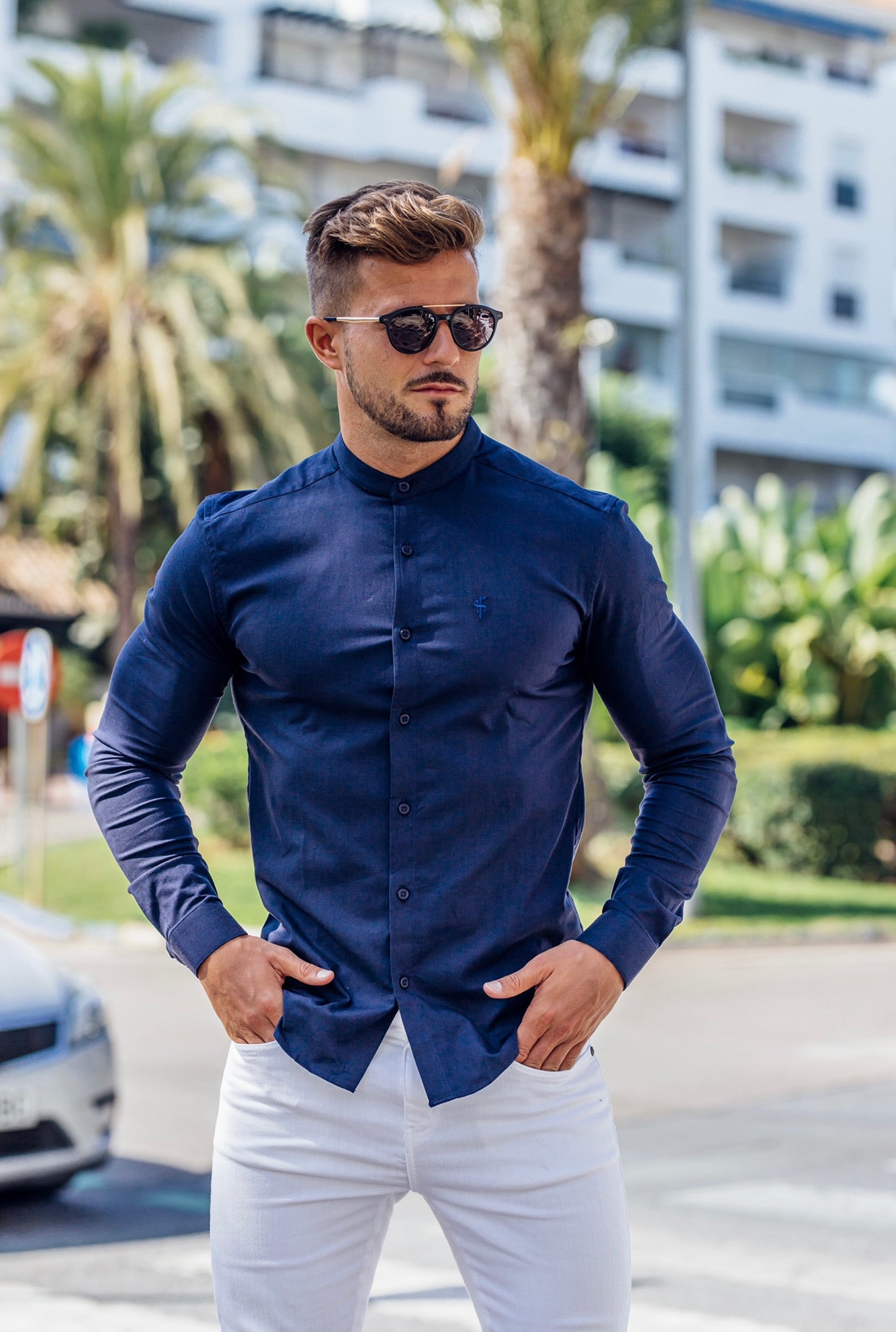 Super Slim Stretch Classic Navy Grandad Collar - FS183