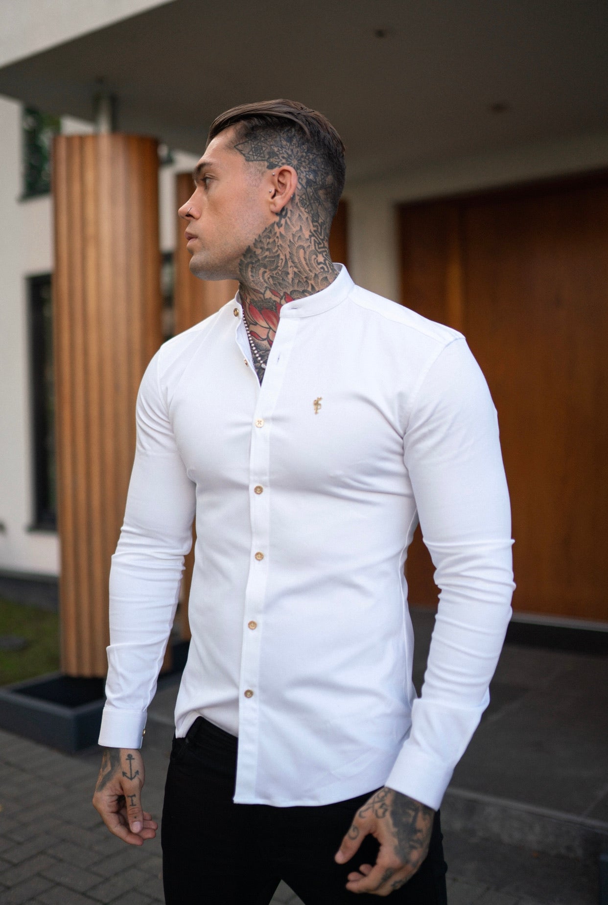 Super Slim Stretch White Denim Long Sleeve Grandad collar with Metal Buttons and Decal Emblem - FS719
