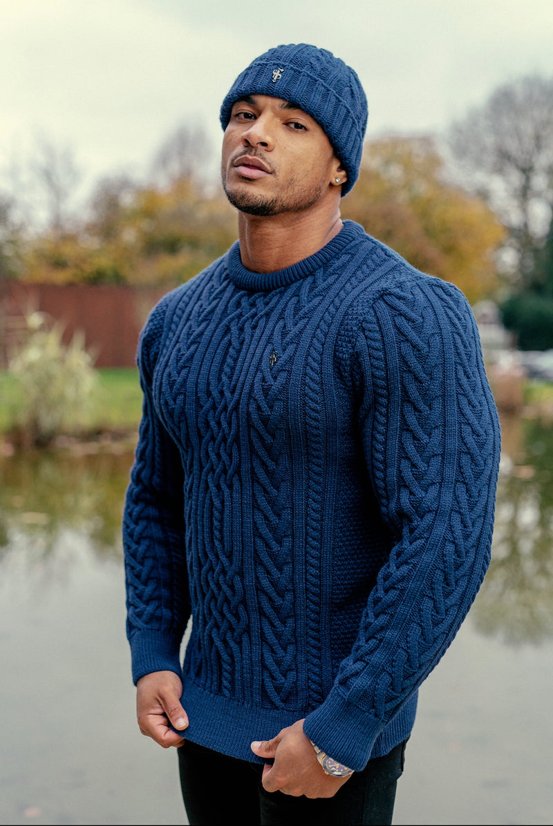 Father Sons Royal Blue Twisted Braid Weave Super Slim Sweater With Gunmetal Decal - FSJ042