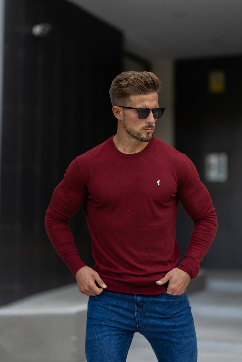 Father Sons Classic Burgundy Light Weight Knitted Crew Neck Sweater with Metal Decal - FSN097