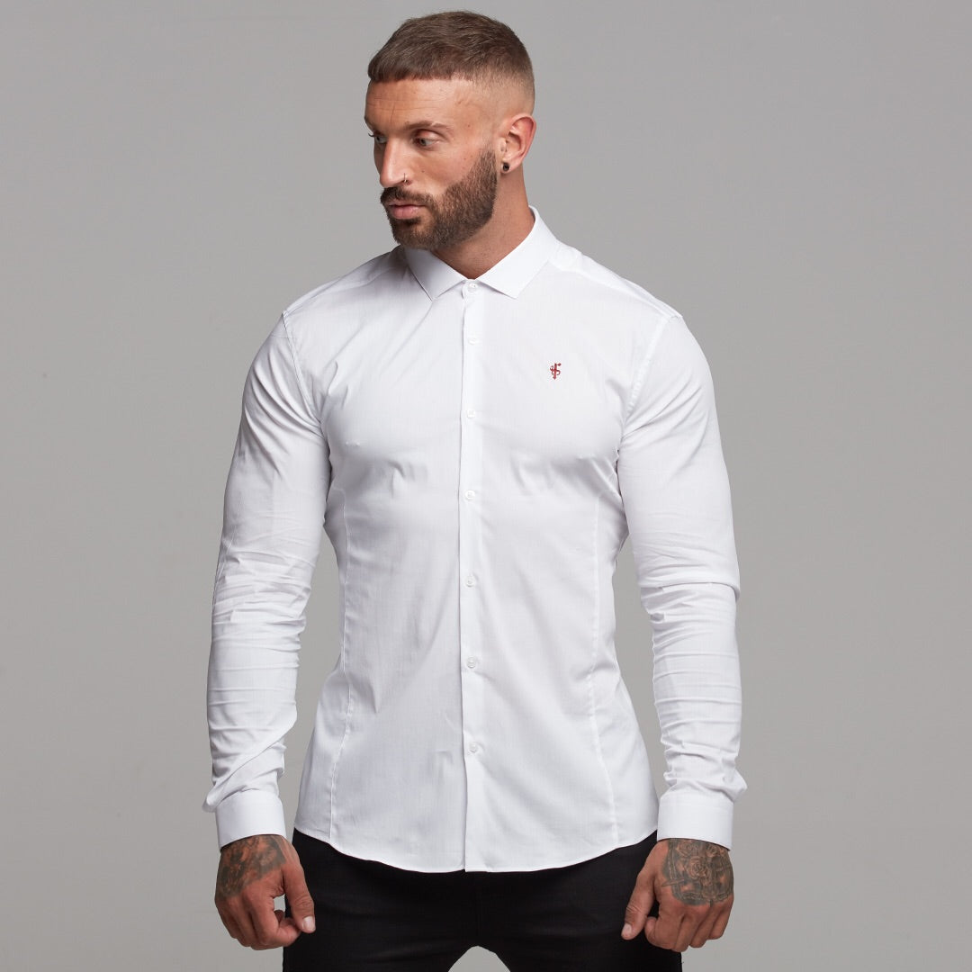 Super Slim Stretch Classic White Panel Shirt (Burgundy embroidery) - FS316 (LAST CHANCE)