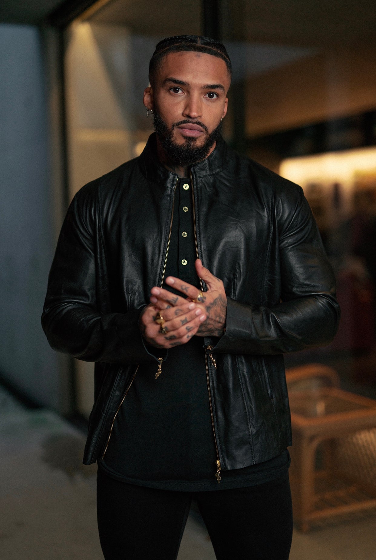Black Lambs Leather Jacket With Gold Zips - FSH610