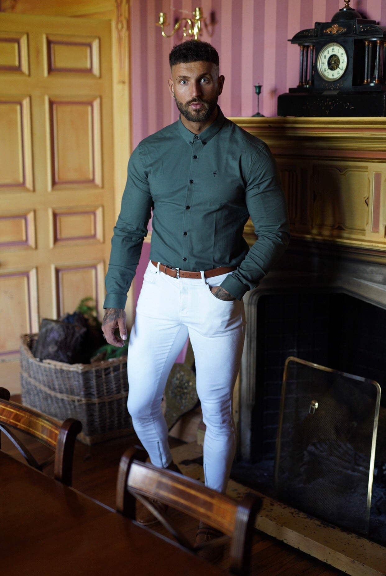 Super Slim Stretch Classic Khaki Oxford Shirt (Black embroidery) - FS553