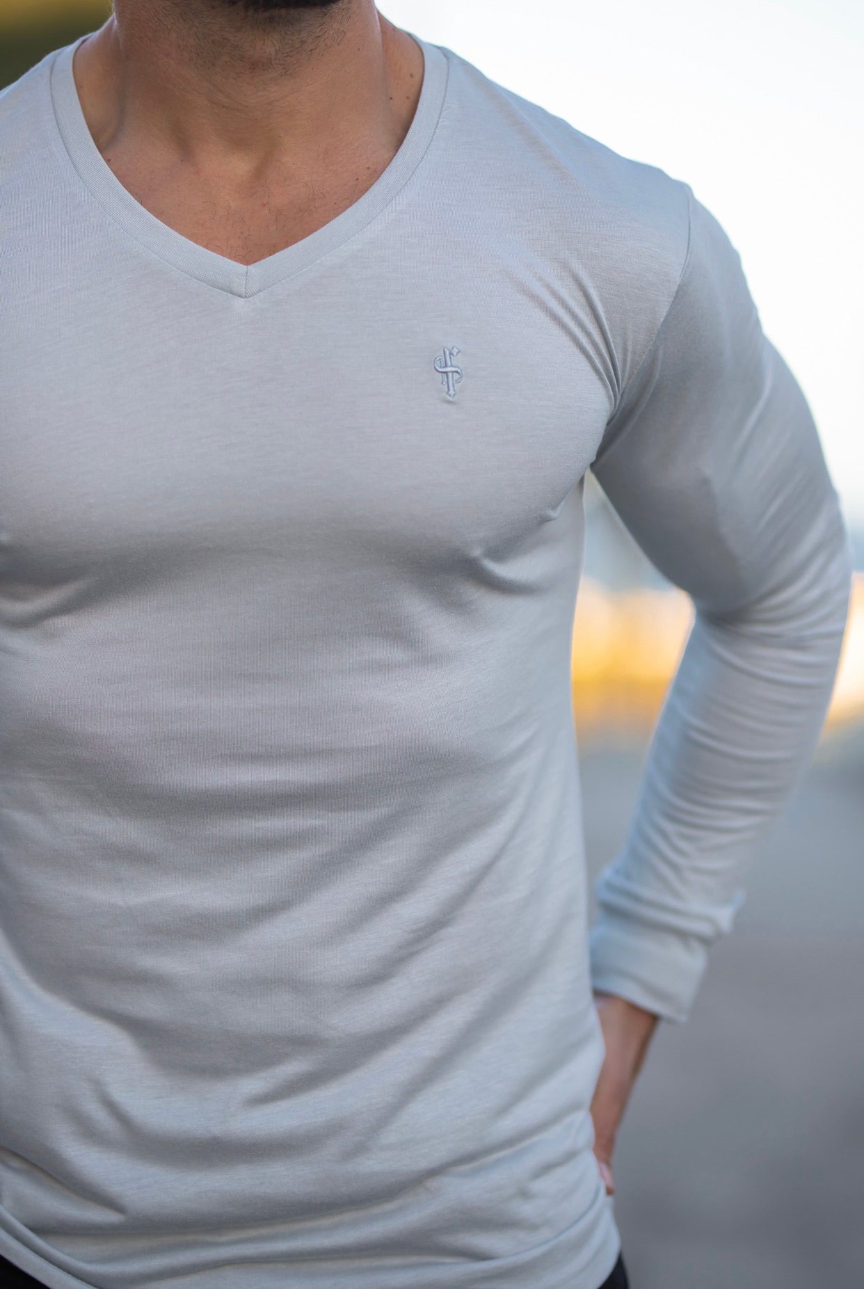 Light Grey Bamboo V Neck Crew Long Sleeve - FSH588
