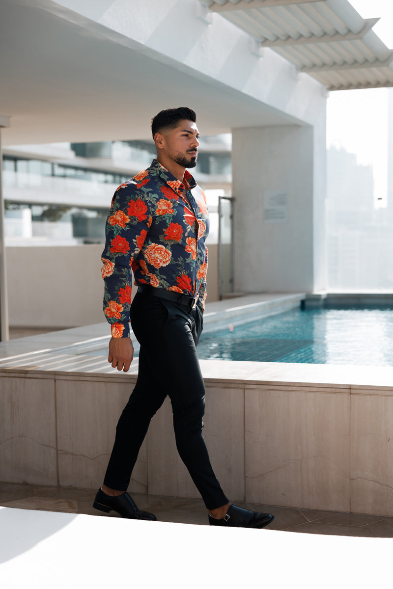 Father Sons Super Slim Stretch Navy and Red Floral Print Long Sleeve with Button Down Collar - FS840