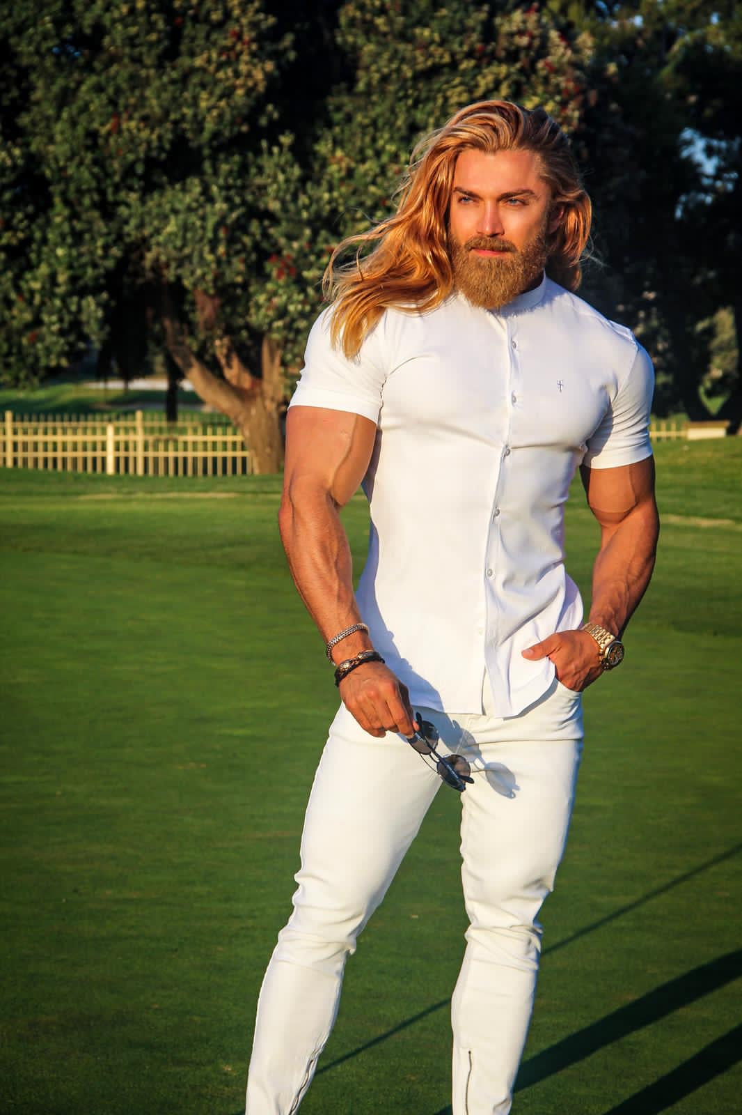 Super Slim Stretch Classic All White Grandad Collar Short Sleeve - FS580