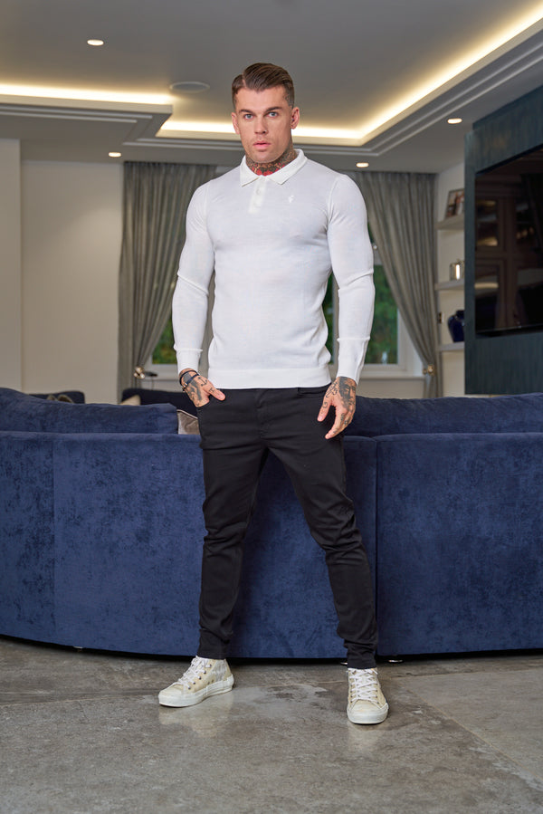 Father Sons Classic White Merino Wool Knitted Polo Sweater Long Sleeve With FS Embroidery- FSN020