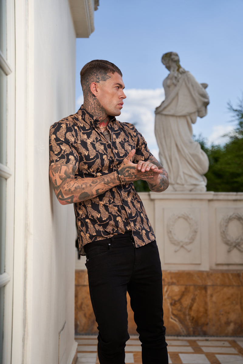 Father Sons Super Slim Stretch Black / Tan Cheetah Print Short Sleeve with Button Down Collar - FS789