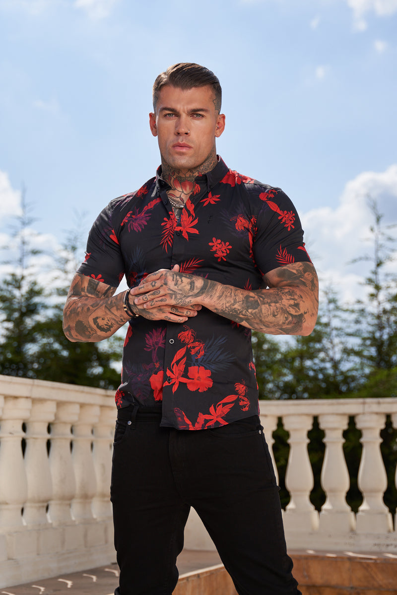 Father Sons Super Slim Stretch Black and Red Floral Print Short Sleeve with Button Down Collar - FS767