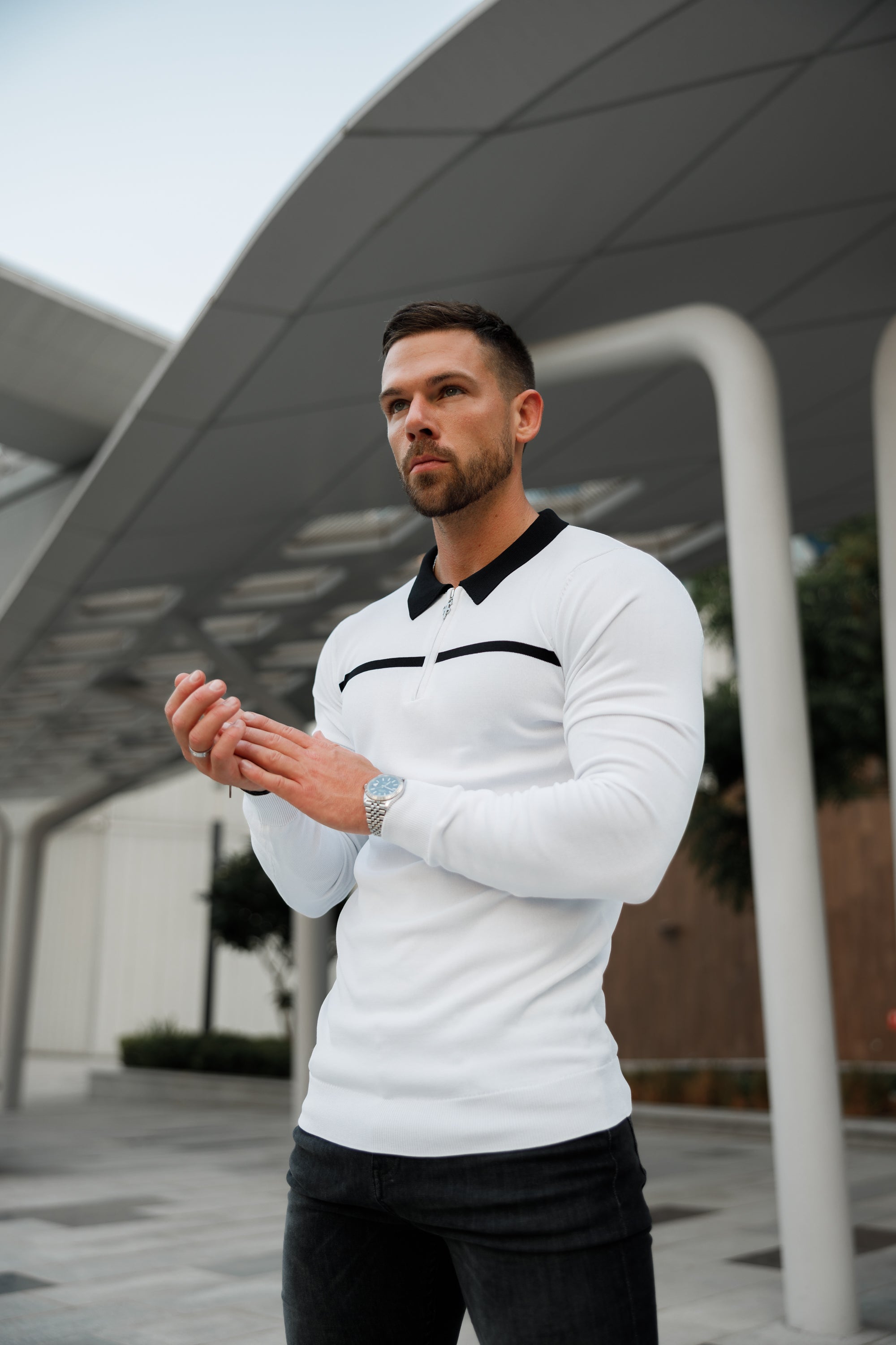 Classic White / Black Horizontal Stripe Zipped Polo Long Sleeve - FSN050