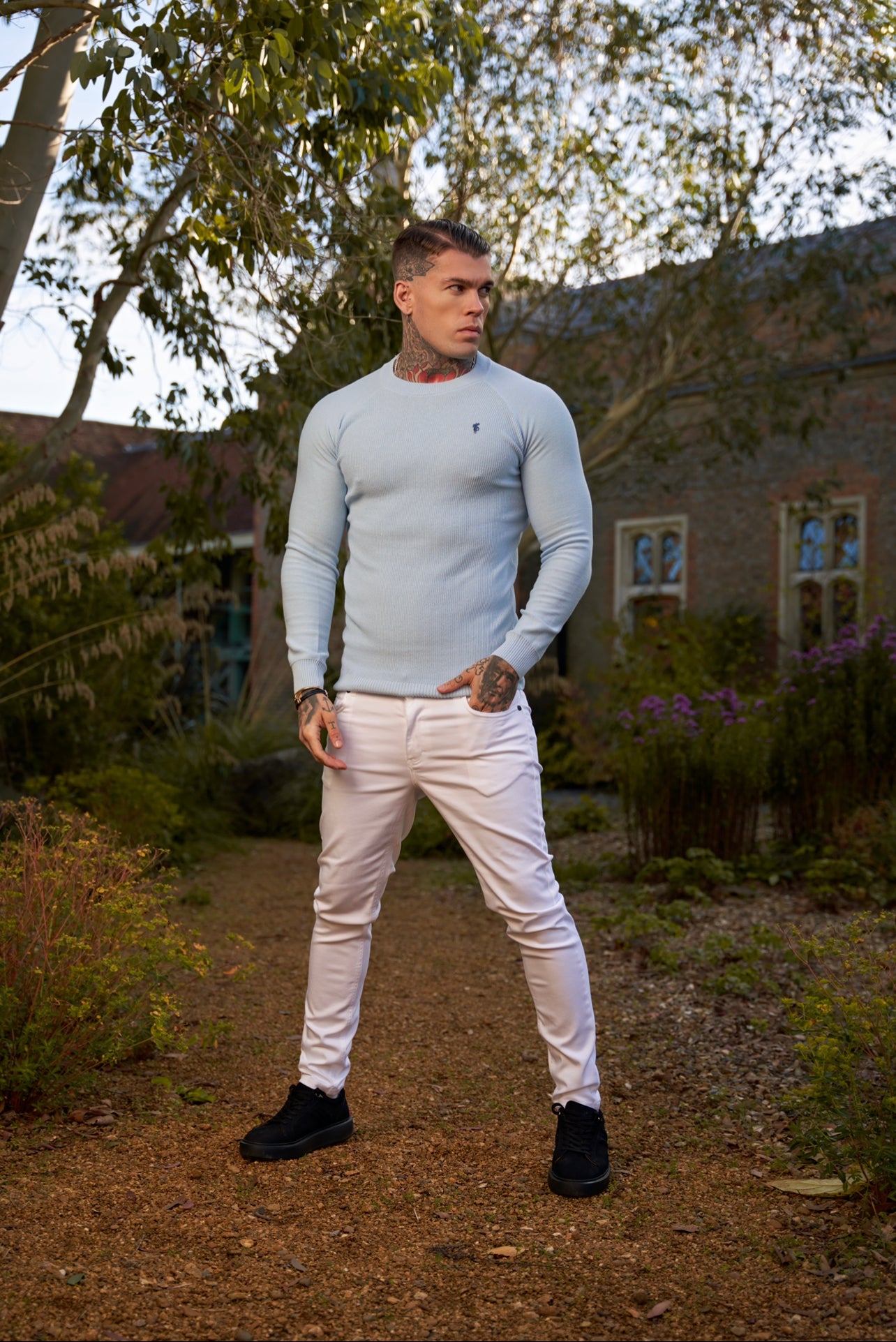 Father Sons Sky Blue Knitted Honeycomb Raglan Crew Super Slim Sweater With Metal Decal - FSN067