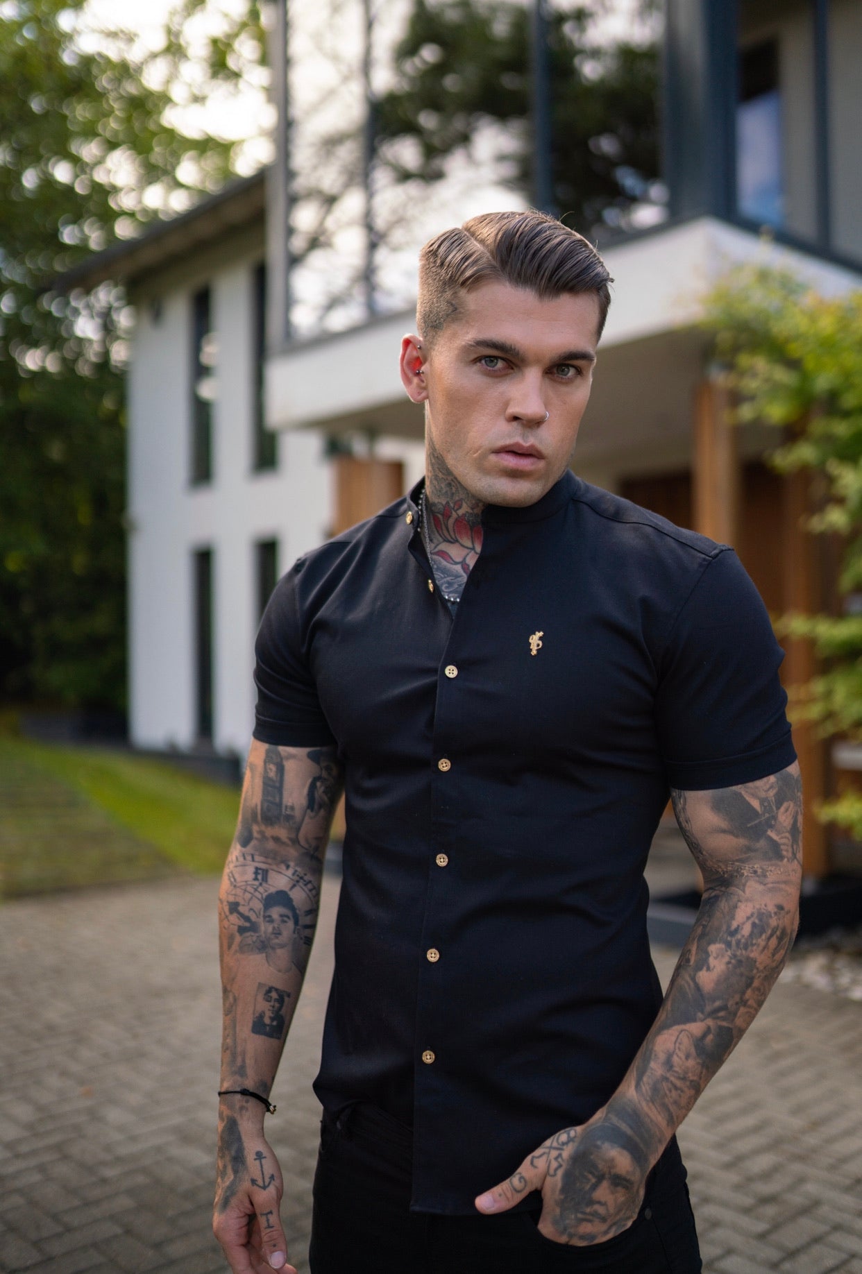 Super Slim Stretch Black Denim Short Sleeve Grandad collar with Metal Buttons and Decal Emblem - FS708
