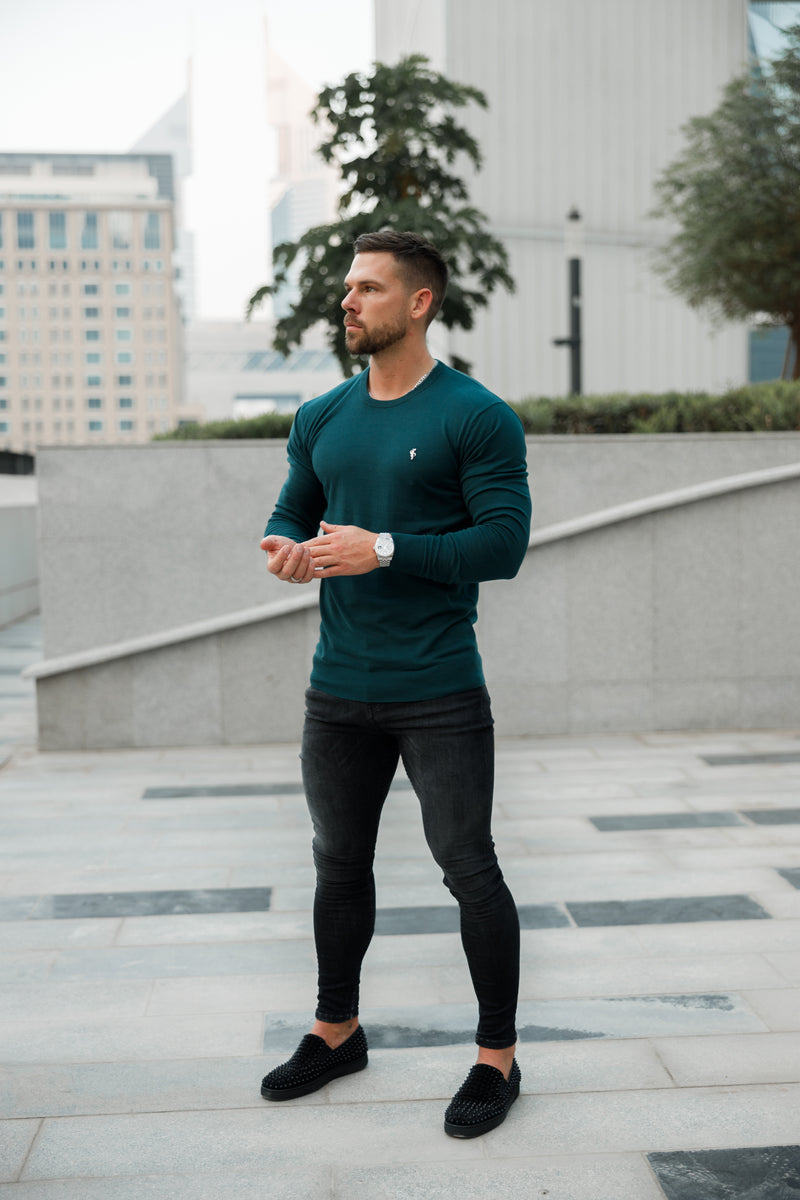 Father Sons Classic Forest Green Light Weight Knitted Crew Neck Sweater with Metal Decal - FSN095