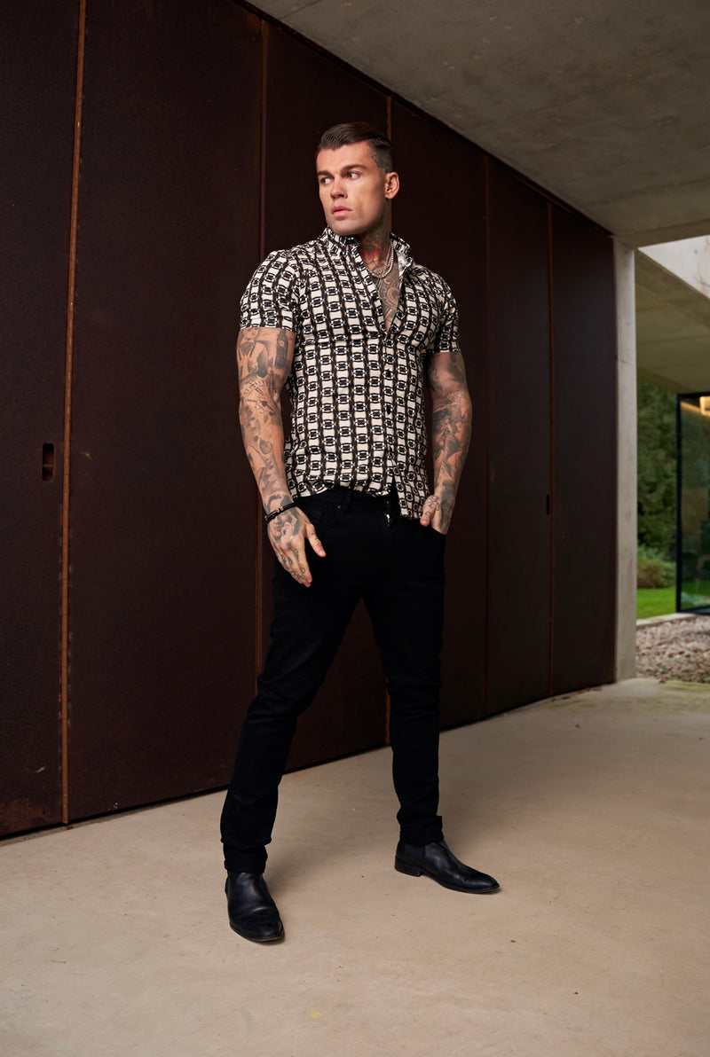 Father Sons Super Slim Stretch Black / Cream / Taupe Link Print Short Sleeve with Button Down Collar - FS849