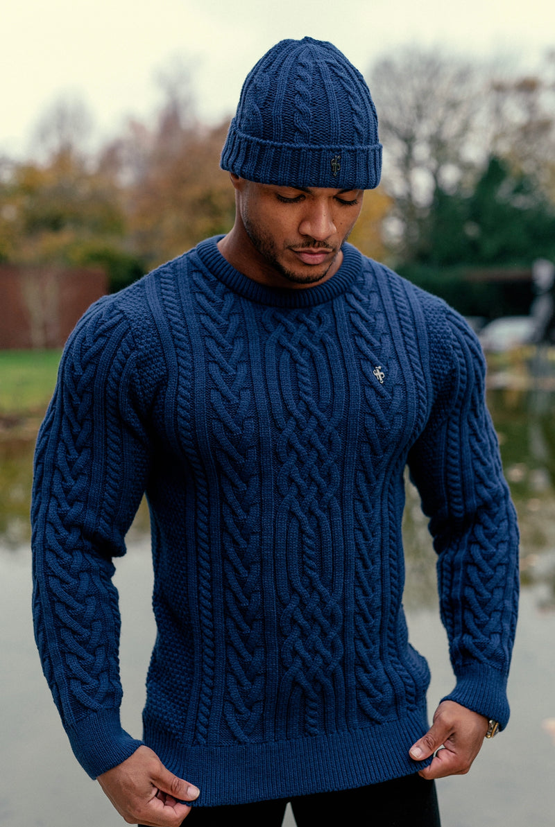 Father Sons Royal Blue Twisted Braid Weave Super Slim Sweater With Gunmetal Decal - FSJ042