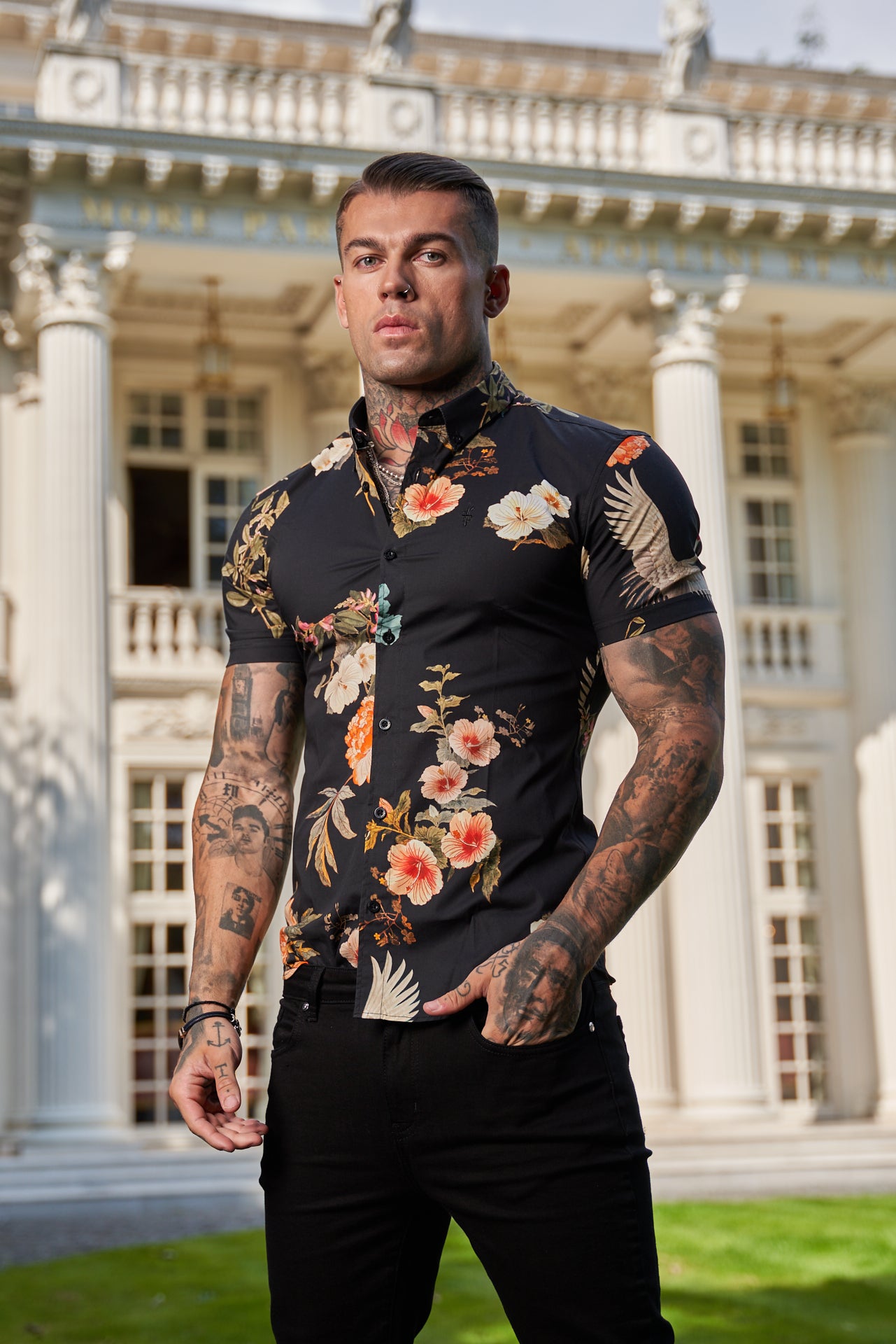 Super Slim Stretch Black Crane Print Short Sleeve with Button Down Collar - FS768