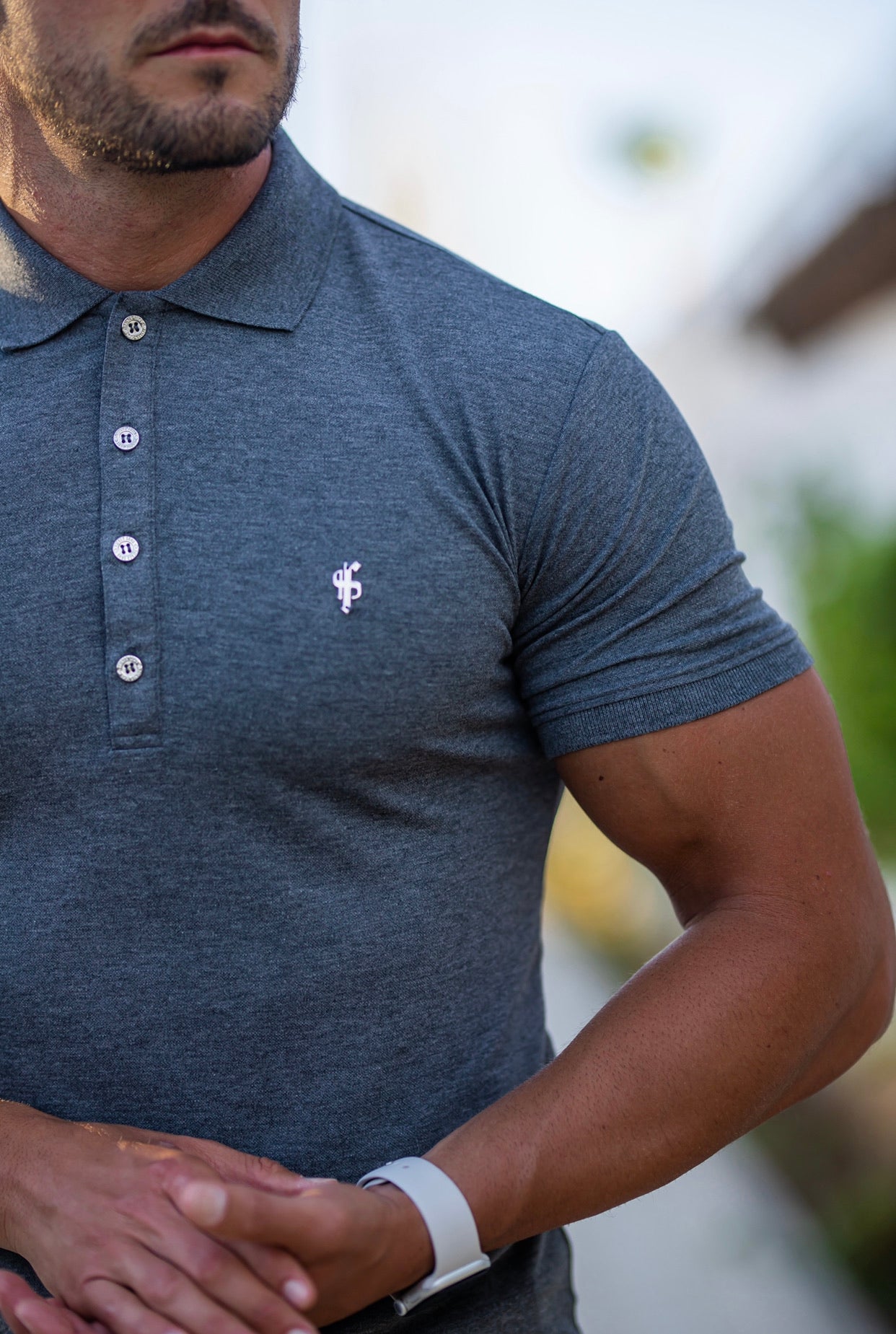Classic Dark Grey Polo Shirt with Silver Metal Emblem Decal & Buttons - FSH460