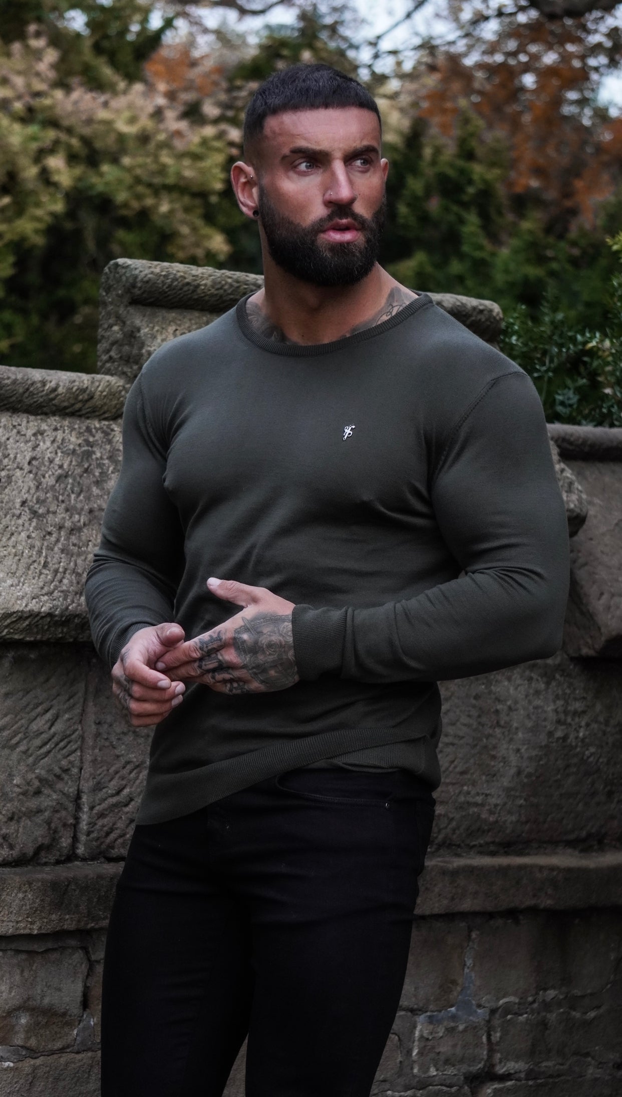 Classic Khaki Crew Neck Knitted Jumper with Gunmetal Emblem - FSH671