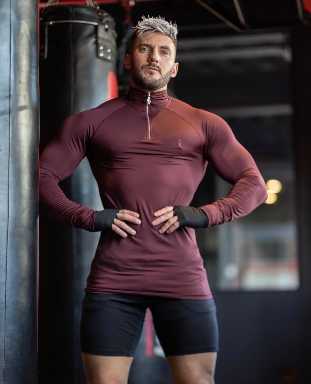 Long Sleeve Burgundy Half Zip Gym Top - FSH733