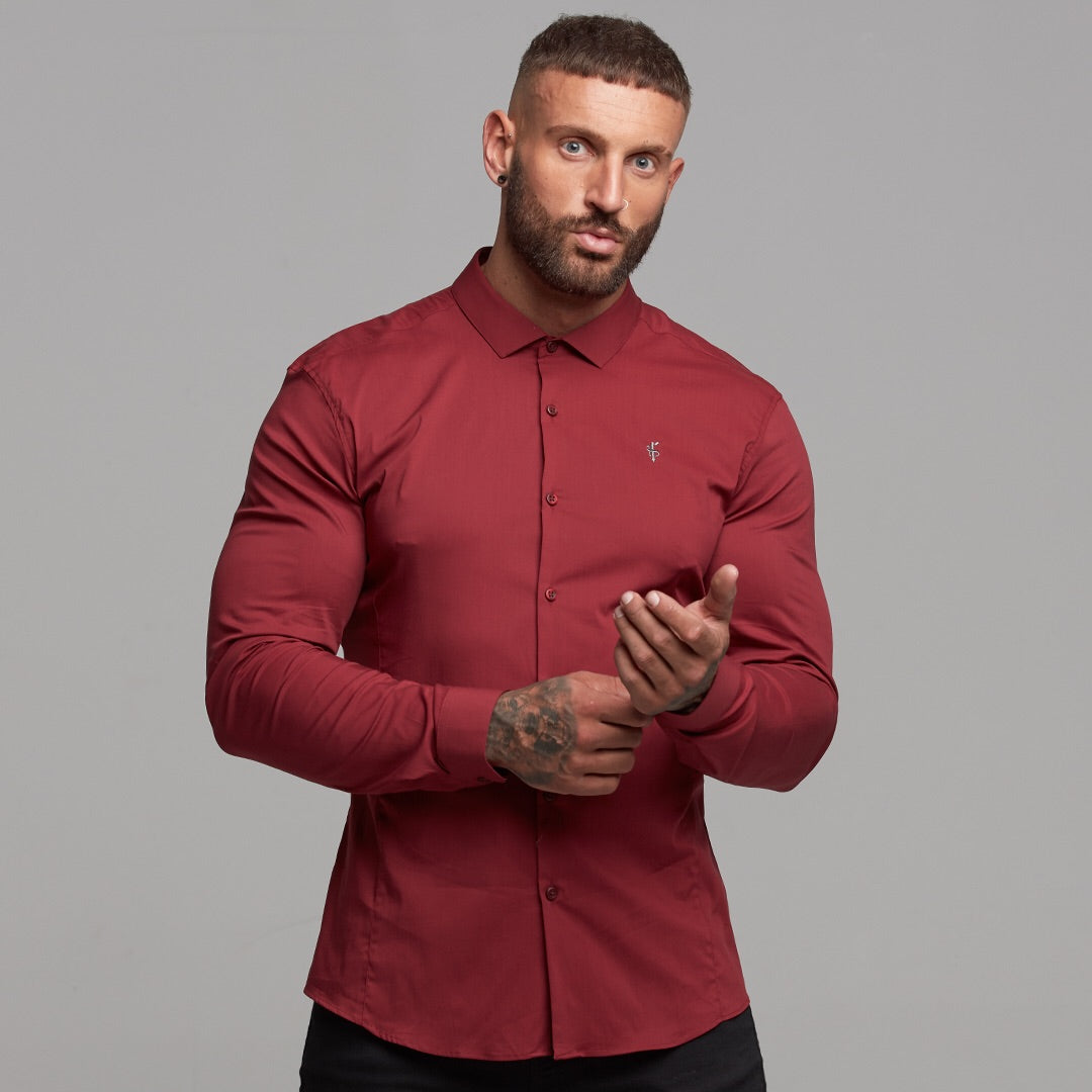 Super Slim Stretch Classic Oxblood Panel Shirt (Grey embroidery) - FS318