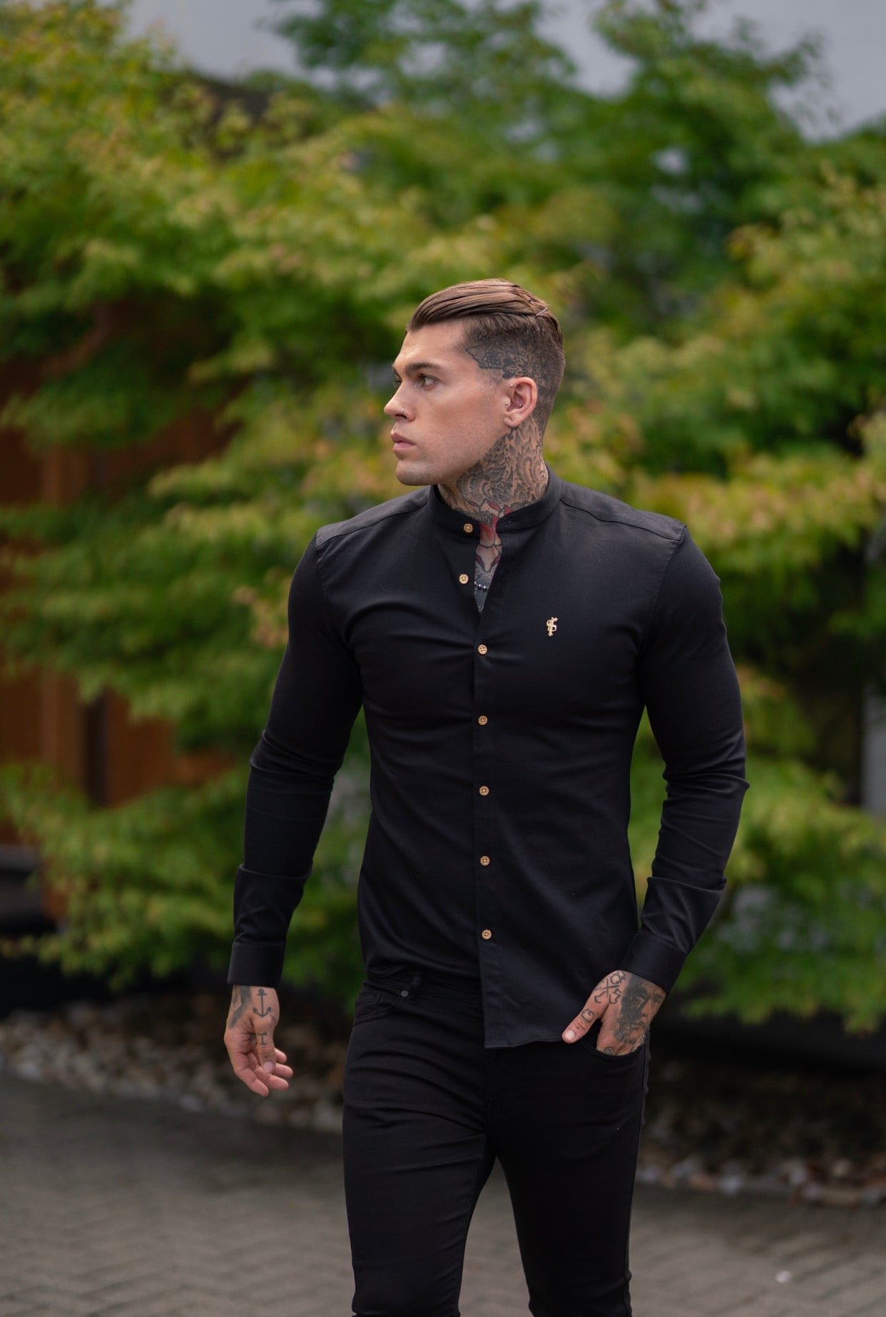 Super Slim Stretch Black Denim Long Sleeve Grandad collar with Metal Buttons and Decal Emblem - FS707